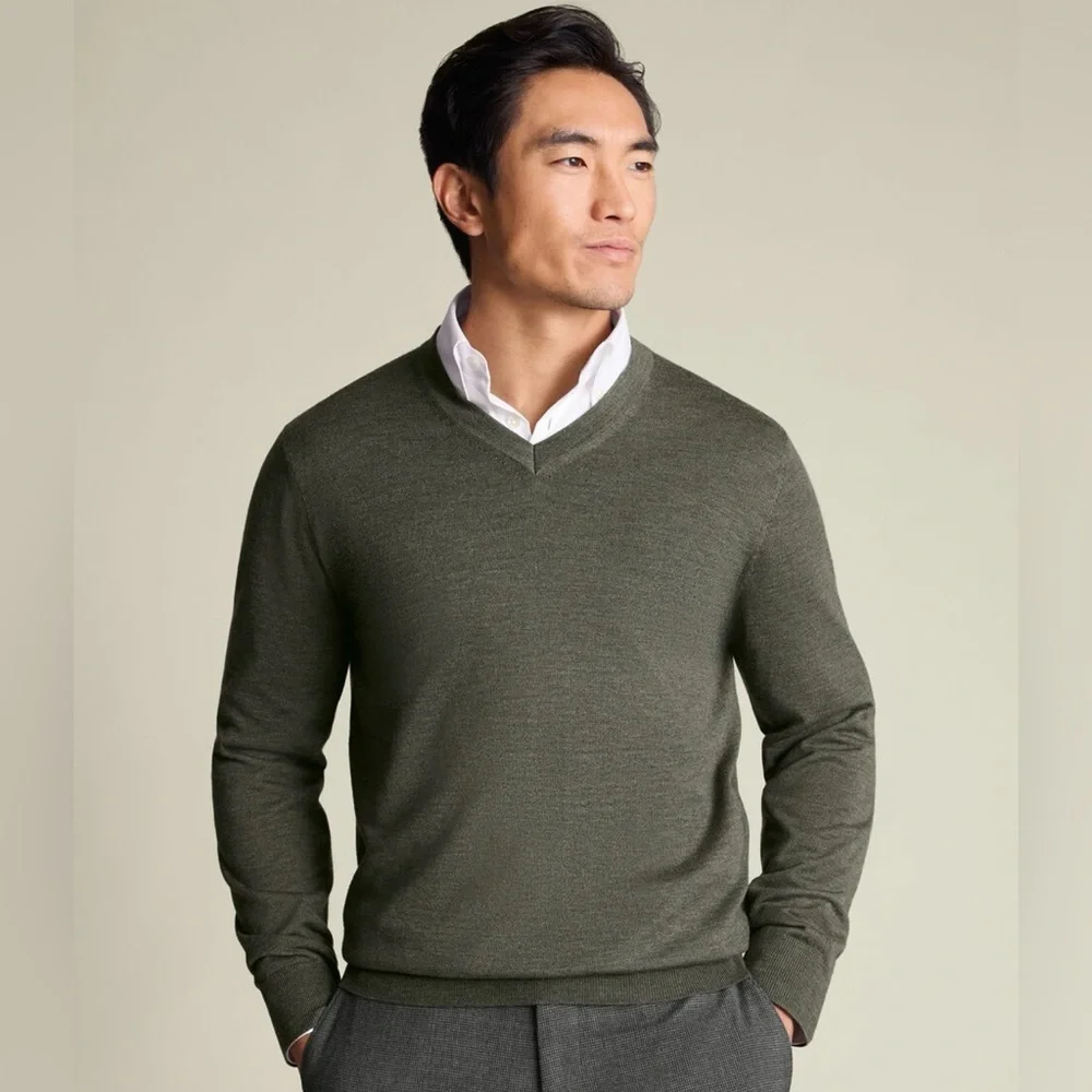 Brooks Brothers Stretch Merino Wool V Neck Sweater Gray Size Large